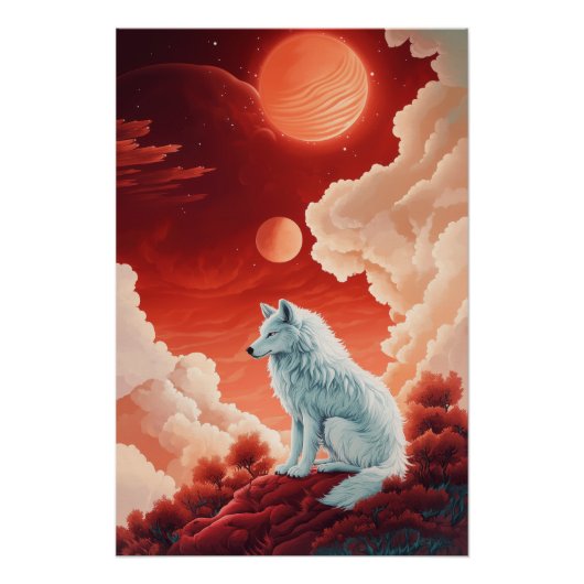 Mystischer weißer Wolf unter rotem Himmel Poster (Vorderseite)