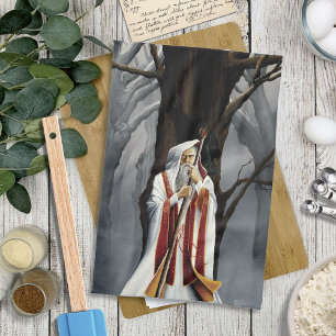 Mystischer Weißer Zauberer Rabe Eichenbaum Fantasi Geschirrtuch