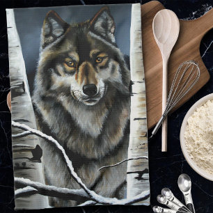 Mystischer Winter Alpha Wolf Birkenwald Wildnis Geschirrtuch