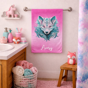 Mystischer Wolf Eleganter Türkis- und Rosa-Wolf Badhandtuch Set