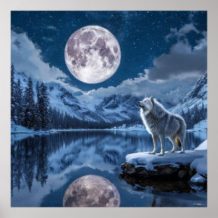 Mystischer Wolf Heulender Mond Nachthimmel Wald Ku Poster