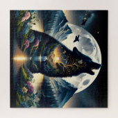 Mystischer Wolf Howling auf dem Mond Surreal Ai Ar Puzzle (Horizontal)