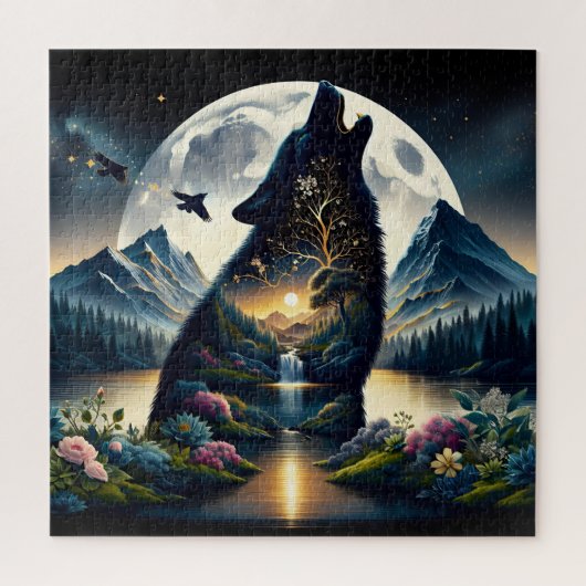 Mystischer Wolf Howling auf dem Mond Surreal Ai Ar Puzzle (Vertikal)