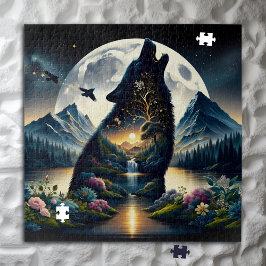 Mystischer Wolf Howling auf dem Mond Surreal Ai Ar Puzzle