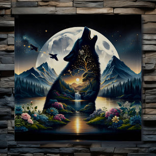 Mystischer Wolf Howling auf dem Moon Surreal Perso Poster