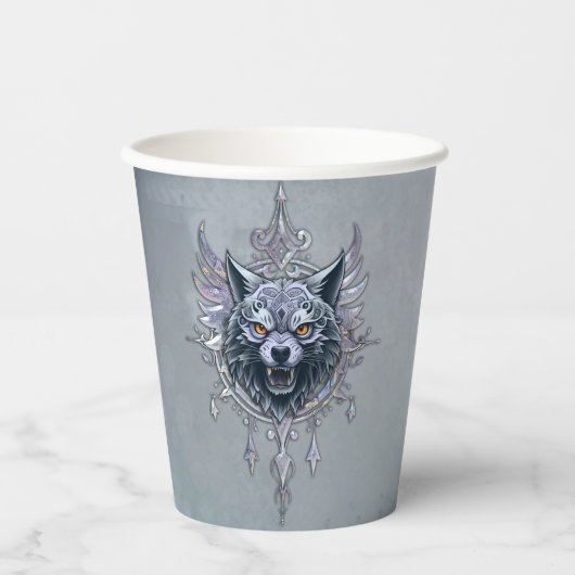 Mystischer Wolf Kopf. Pappbecher (Vorderseite)
