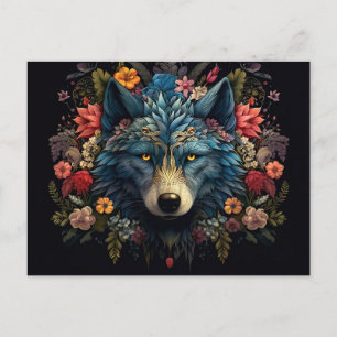 Mystischer Wolf umringt von Blumen Postkarte