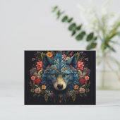 Mystischer Wolf umringt von Blumen Postkarte (Stehend Vorderseite)