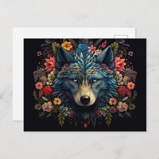 Mystischer Wolf umringt von Blumen Postkarte (Vorne/Hinten)