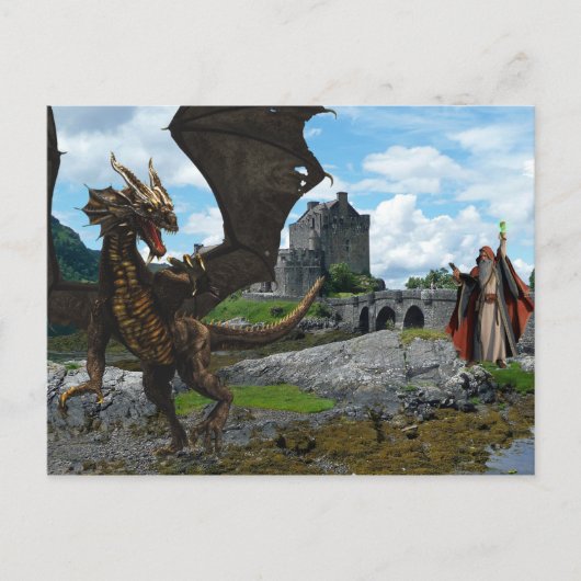 Mystischer Zauberer und Drachenburg Landschaft Postkarte (Vorderseite)