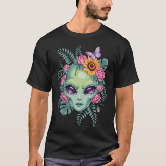 Mystisches Alien-Blumengrafik mit Sonnenblumen-Po T-Shirt