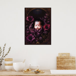 Mystisches Baby und lila Blumen Wandkunst Poster