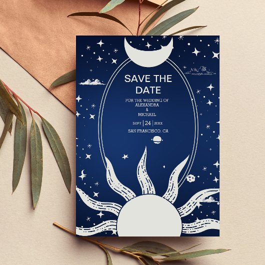 Mystisches Blau und Silver Sun Moon Wedding Save The Date