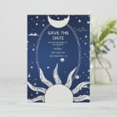 Mystisches Blau und Silver Sun Moon Wedding Save The Date (Stehend Vorderseite)