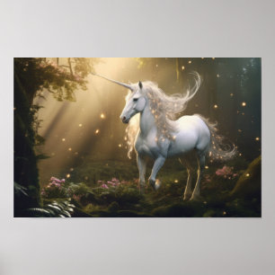 Mystisches Einhorn im verzauberten Wald — Fantasie Poster
