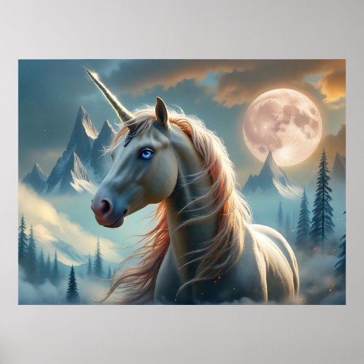 Mystisches Einhorn in verzauberten Bergen Poster (Vorne)
