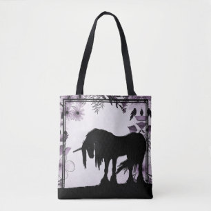 Mystisches Einhorn mit Linien (violette Blumen & B Tasche