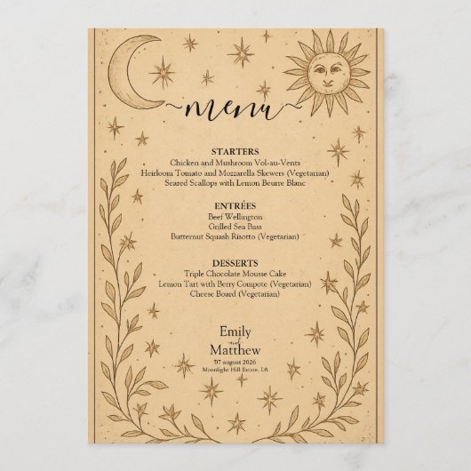 Mystisches Himmelsdesign der Himmelsromane Menükarte (Vorderseite)