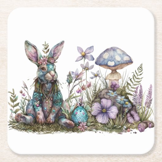 Mystisches Kaninchen mit Pilzen Rechteckiger Pappuntersetzer (Vorderseite)