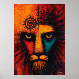 Mystisches Löwengesicht in Farbflächen expressioni Poster