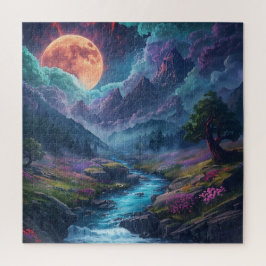 Mystisches mondbeschienenes Bergtal - Fantasy-Flus Puzzle