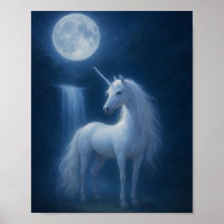 Mystisches Mondlicht-Einhorn & Wasserfall-Fantasie Poster
