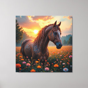 Mystisches Pferd auf Blumenfeld Leinwanddruck