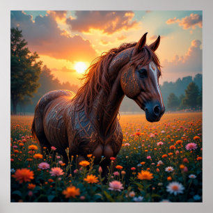 Mystisches Pferd auf Blumenfeld Poster