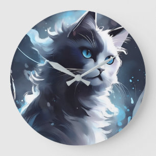 Mystisches Schwarz und Weiße Kitten Wasserfarbka Große Wanduhr