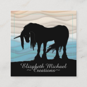 Mystisches Schwarzes Einhorn (blaubeige Welle) Quadratische Visitenkarte