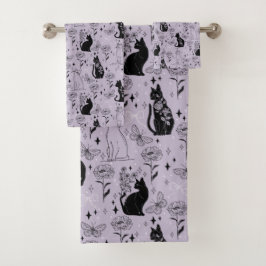 Mystisches Schwarzes Katzen- und Schmetterlingsmus Badhandtuch Set