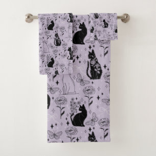 Mystisches Schwarzes Katzen- und Schmetterlingsmus Badhandtuch Set
