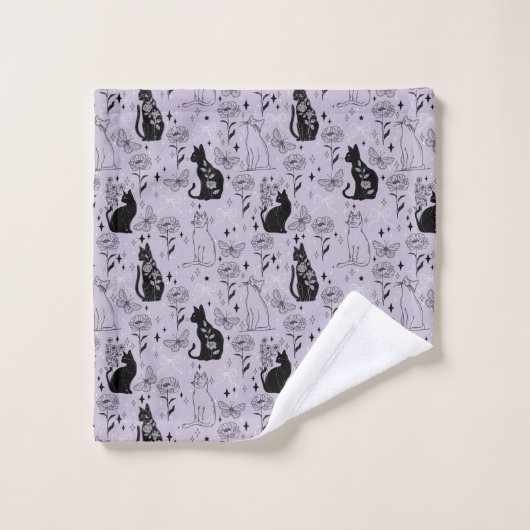 Mystisches Schwarzes Katzen- und Schmetterlingsmus Badhandtuch Set (Waschlappen)