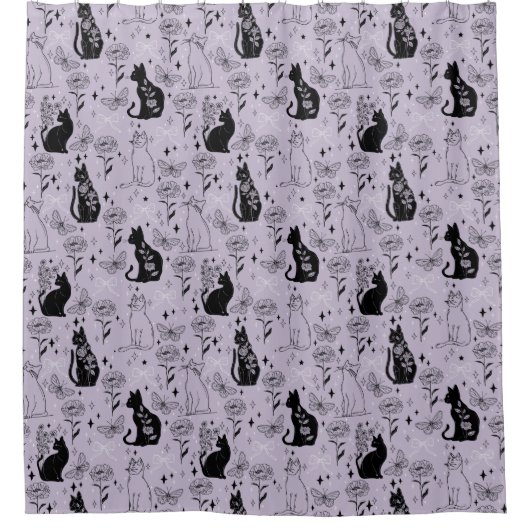 Mystisches Schwarzes Katzen- und Schmetterlingsmus Duschvorhang (Vorderseite)