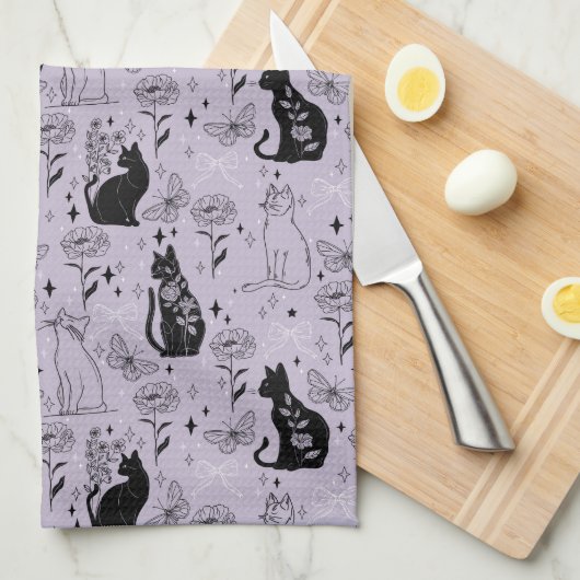 Mystisches Schwarzes Katzen- und Schmetterlingsmus Geschirrtuch (Viertel Falte)