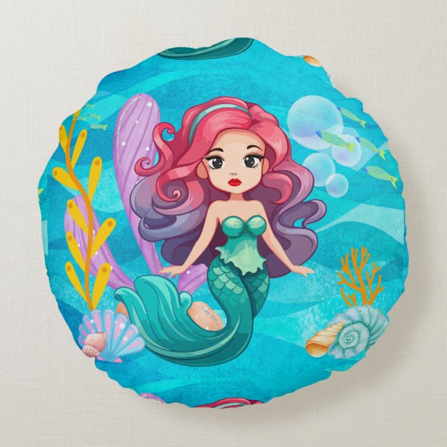 Mystisches Sirenendesign Rundes Kissen (Rückseite)