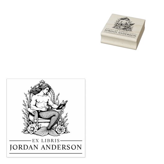 Mythic Masculine Merman Ex Libris Library Book Gummistempel (Stempel)