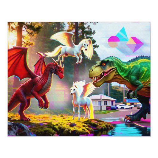 Mythical and Prehistoric Pegasus, Dragon, Dinosaur Fotodruck (Vorne)