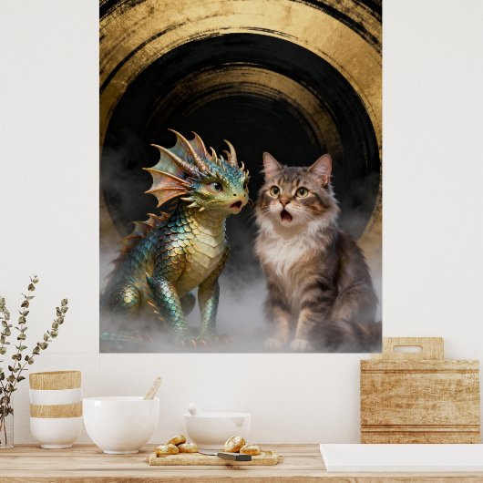 Mythical Cat-Dragon Creatures Surprised Poster (Küche)