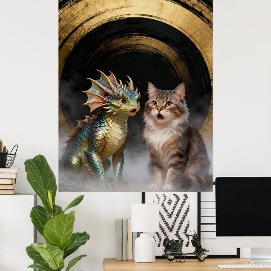 Mythical Cat-Dragon Creatures Surprised Poster (Heimbüro)