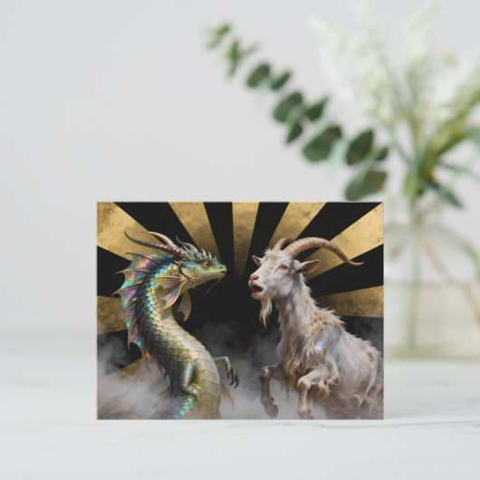 Mythical Goat-Dragon Creatures Surprised Postkarte (Stehend Vorderseite)