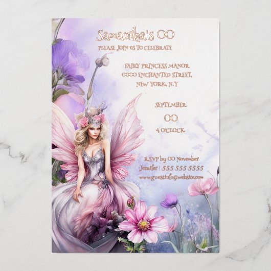 Mythische Aquarellmärchenprinzessin Rosa Folieneinladung (Vorderseite)