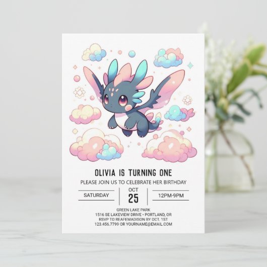 Mythischer Drache 1. Geburtstag Einladung (Stehend Vorderseite)