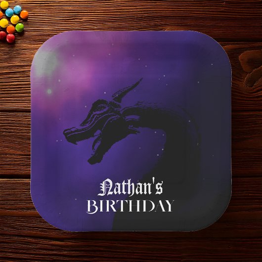 Mythischer Lila-Drachen-Geburtstag Pappteller