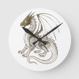 Mythischer Silberdrache Vintage-Fantasy-Grafik Runde Wanduhr