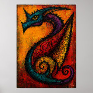 Mythisches Drachen-Poster in Farbflächen-Expressio Poster