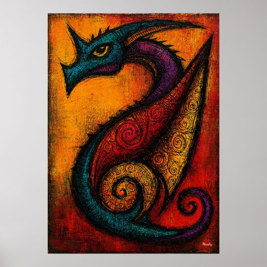 Mythisches Drachen-Poster in Farbflächen-Expressio Poster (Vorne)