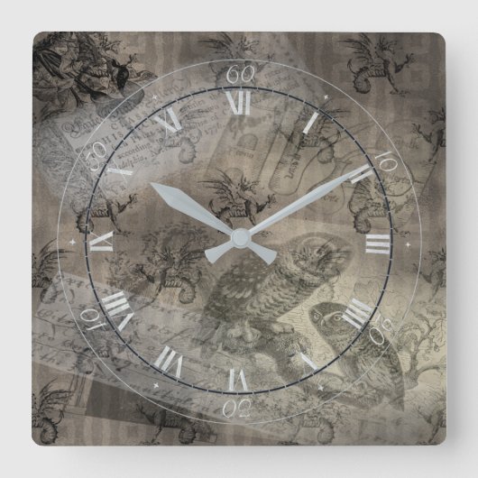 Mythisches Owl Halloween Ephemera Paper Pattern Quadratische Wanduhr (Vorderseite)