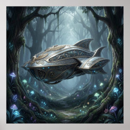 Mythologischer Kosmischer Kreuzer Schwebt Über Bio Poster