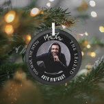 Mythos-Legende Foto Geburtstag Ornament Aus Glas<br><div class="desc">Ein klassischer schwarzer Hintergrund. Text: Der Mann,  der Mythos,  die Legende. Personalisieren und fügen Sie seinen Namen,  Alter und Foto.</div>